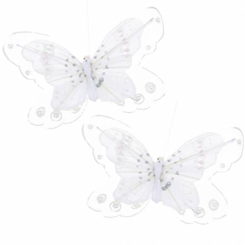 Article Papillon plume sur clip blanc 10cm 12 p