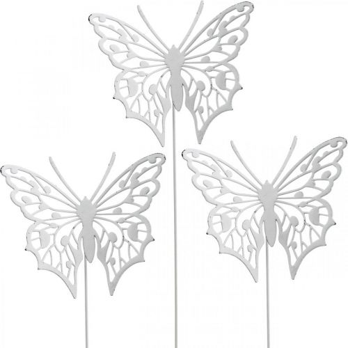 Floristik24 Bouchon fleur papillon, décoration jardin métal, bouchon plante shabby chic blanc, argent L51cm 3pcs