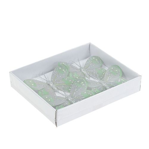 Floristik24 Papillon 7,5cm vert-gris, glitter 4P