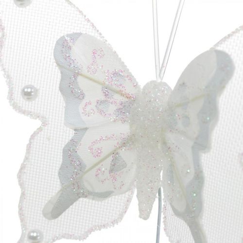 Papillons avec perles et mica, décorations de mariage, papillons en plumes sur fil blanc