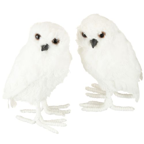 Floristik24 Chouette des neiges décorative blanche avec fourrure et plumes 15,5 cm 2 pièces