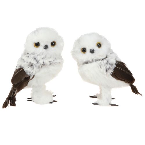Article Figurine Décorative Harfang des Neiges Paire de Hiboux Blanc Marron H12cm 4 pcs