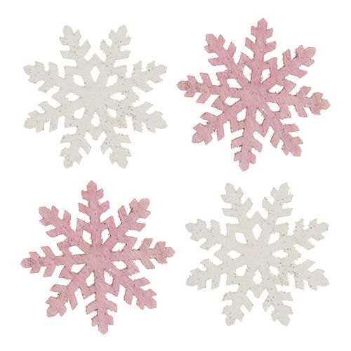 Article Flocon de neige 4cm rose/blanc avec paillettes 72pcs