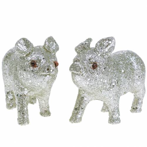 Floristik24 Déco Porc Glitter Silver 10cm 8pcs