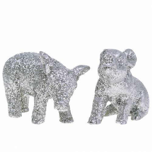 Floristik24 Déco cochon décoration de réveillon du Nouvel An argent pailleté 3,5cm 2pcs