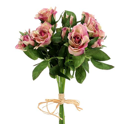 Tissu en soie fleurs bouquet de roses L26cm rose foncé 3pcs | Floristik24.be