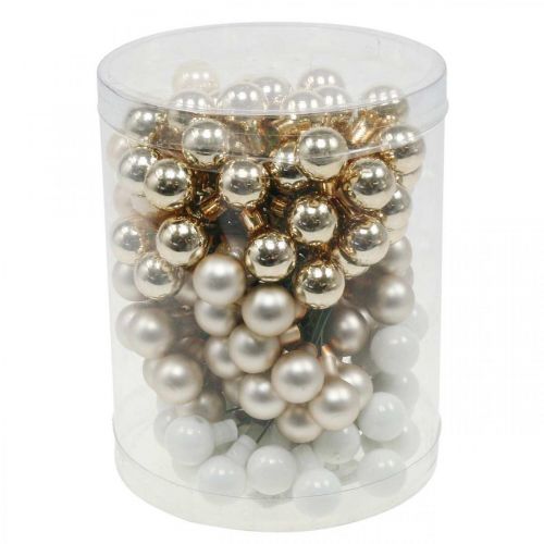 Article Mini boules de Noël sur fil doré, crème Ø1,5cm 140pcs