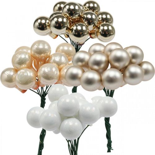 Floristik24 Mini boules de Noël sur fil or, crème Ø1.5cm 140p