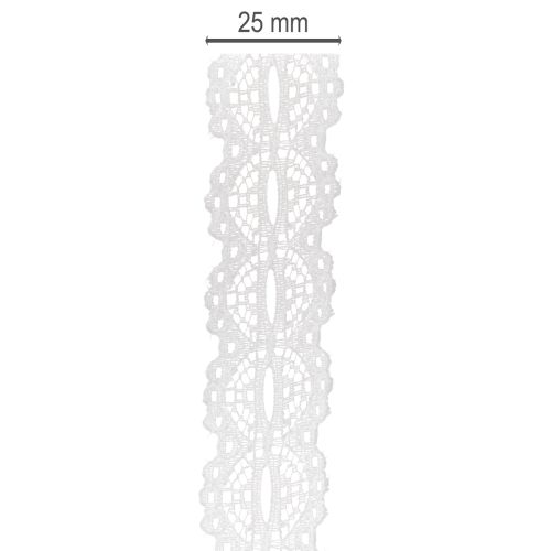 Ruban décoratif en coton à motif dentelle, enroulé sur un rouleau, idéal pour les loisirs créatifs et la décoration. Largeur : 25 mm. Longueur : 10 m. | Floristik24.be