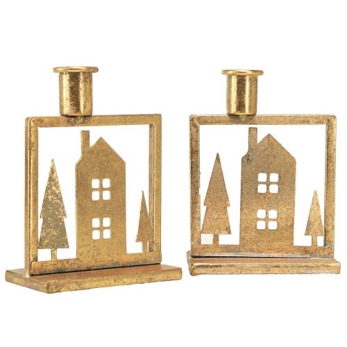 Article Bougeoir bâton Maison de Noël aspect or antique 10×6×14cm 2pcs
