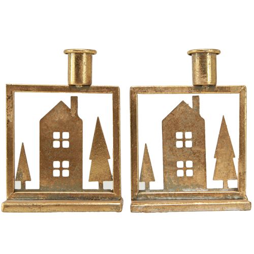Article Bougeoir bâton Maison de Noël aspect or antique 10×6×14cm 2pcs