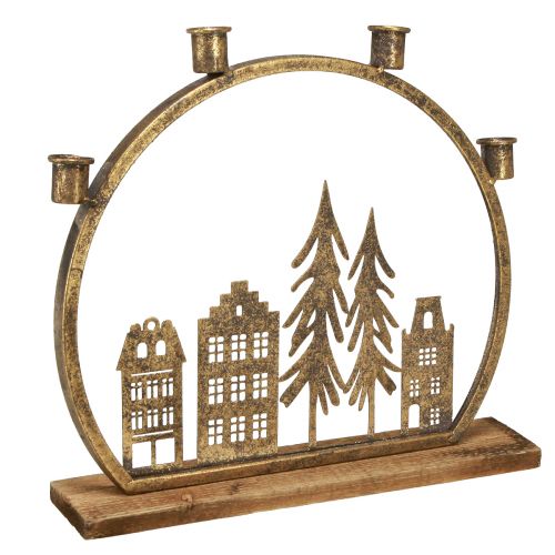 Article Bougeoir bâton Noël rangée de maisons or antique 36×32cm