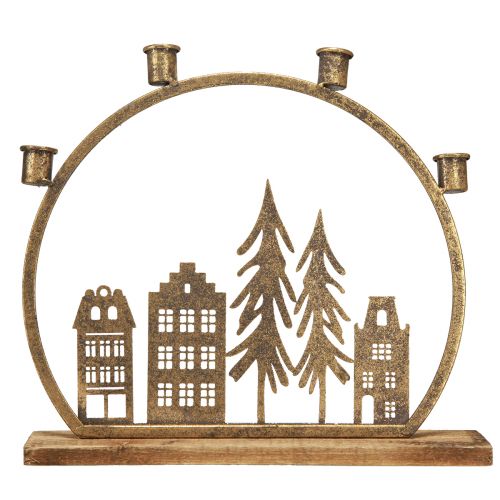 Article Bougeoir bâton Noël rangée de maisons or antique 36×32cm