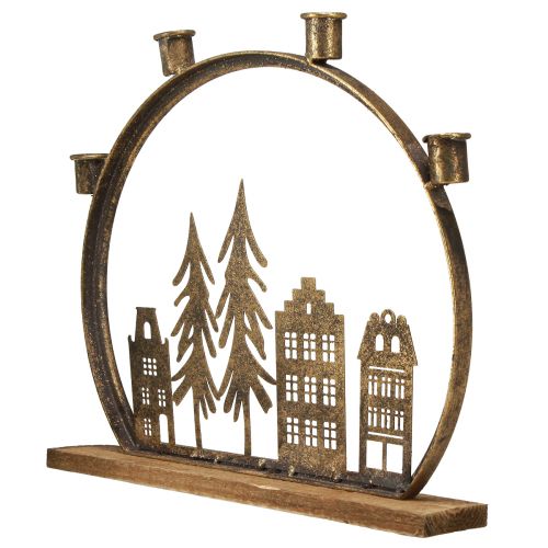 Article Bougeoir bâton Noël rangée de maisons or antique 36×32cm