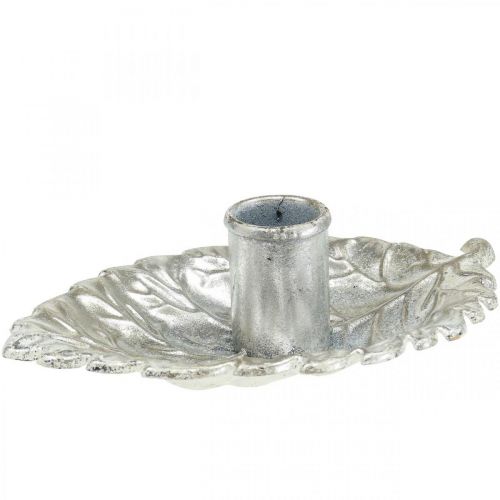 Floristik24 Bougeoir assiette feuille argent 16,5x10,5x5cm