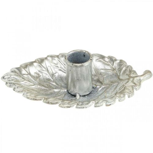Floristik24 Bougeoir assiette feuille argent 16,5x10,5x5cm