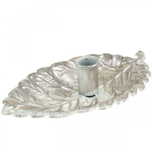 Bougeoir assiette feuille argent 22x13.5x5.5cm