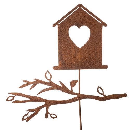 Nichoir à oiseaux rouillé sur piquet de jardin, en forme de cœur et de branche, 100 cm