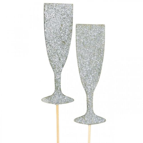 Floristik24 Verre à champagne décoration Nouvel An bouchon fleur argent 9cm 18pcs