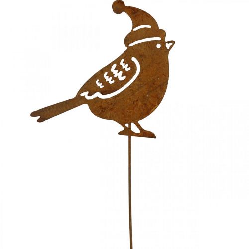 Article Oiseau sur piquet de jardin avec décoration patinée chapeau 12cm 6 pcs