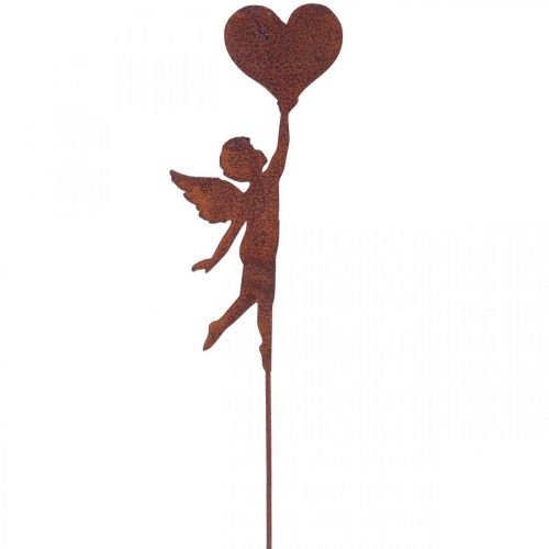 Piquet de jardin ange rouille avec décoration coeur Saint Valentin 60cm