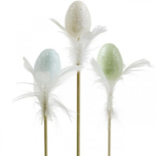 Floristik24 Oeufs de Pâques artificiels sur bâton décoration pastel oeuf avec plumes H4cm 18pcs