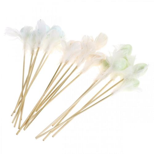 Floristik24 Oeufs de Pâques artificiels sur bâton oeuf décoratif pastel avec plumes H4cm 18 pcs