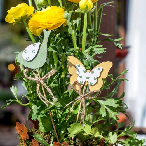 Article Plug oiseau papillon, décoration bois, plug végétal décoration printemps vert, jaune L24/25cm 12pcs