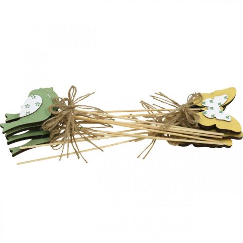 Article Plug oiseau papillon, décoration bois, plug végétal décoration printemps vert, jaune L24/25cm 12pcs
