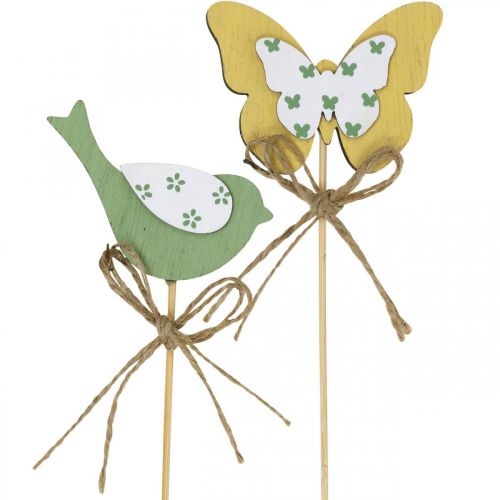 Floristik24 Plug oiseau papillon, décoration bois, plug végétal décoration printemps vert, jaune L24/25cm 12pcs