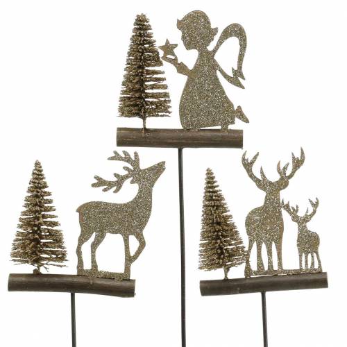 Floristik24 Bouchon déco renne et ange avec sapin bois pailleté doré H45cm 3pcs