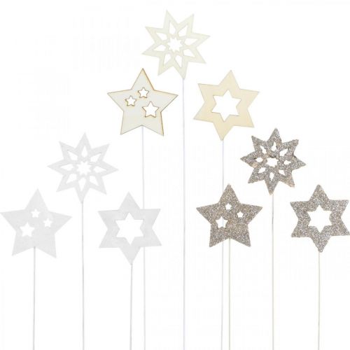 Floristik24 Bouchon de fleur étoiles, Avent, décoration florale, étoiles en bois naturel, blanc, paillettes dorées L27/28,5cm 18 pièces