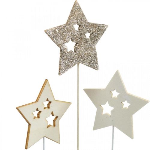 Floristik24 Bouchon de fleur étoiles, Avent, décoration florale, étoiles en bois naturel, blanc, paillettes dorées L27/28,5cm 18 pièces