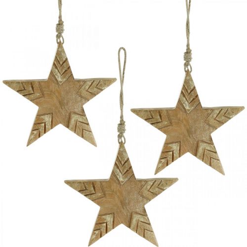 Étoile en bois de manguier naturel, étoile en bois doré Noël 19,5 cm 3 pcs