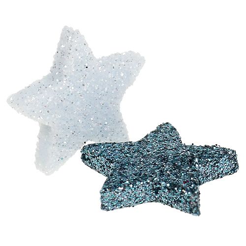 Article Étoiles mini 1,5cm blanches, bleues avec mica 144pcs