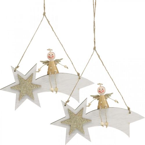 Floristik24 Ange sur étoile filante, Décoration de Noël à accrocher, Blanc de l&#39;Avent, Doré H13cm L21.5cm 2pcs