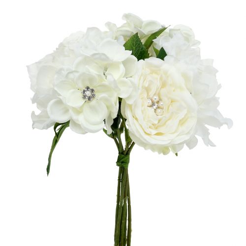 Article Bouquet décoratif blanc avec perles et strass 29 cm