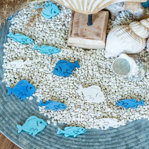 Floristik24 Décoration à disperser poisson bois blanc, bleu, bleu clair 4cm 72 pcs