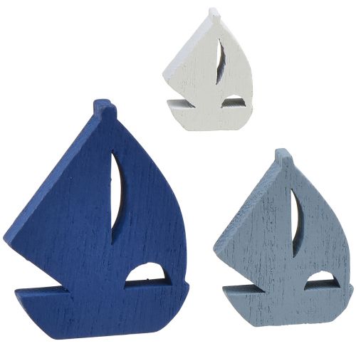 Floristik24 Décoration à disperser décoration de voilier en bois bleu blanc 2cm–6cm 24pcs