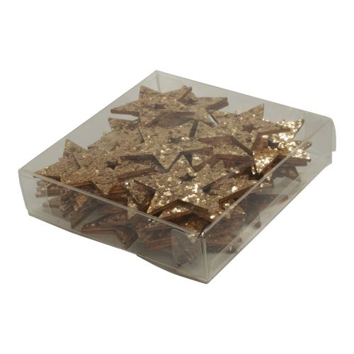 Article Décoration à disperser étoiles en bois de Noël paillettes d'or naturel 5cm 72 pcs