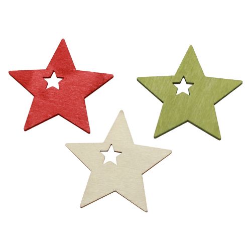 Article Décoration de Noël étoiles en bois rouge naturel vert 5cm 72 pcs