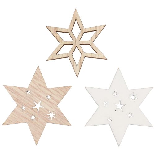 Décoration de Noël étoiles en bois blanc/naturel Ø4cm 72 pcs