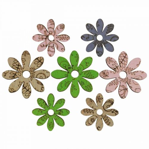 Fleurs en bois fleurs de décoration dispersées vert/rose/bleu/naturel Ø3,5–5cm 72 pcs
