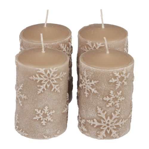 Bougies piliers bougies beiges flocons de neige 100/65mm 4pcs