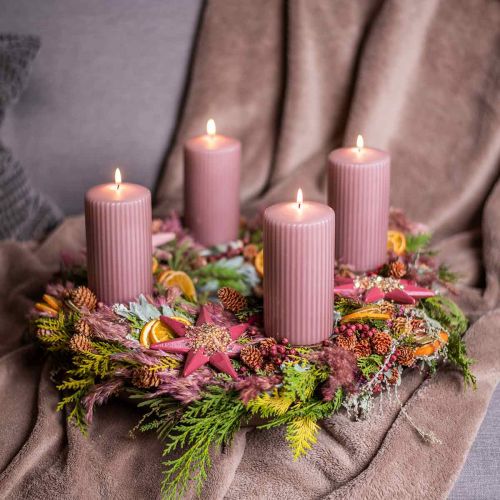 Floristik24 Bougies piliers bougie rainurée vieux rose 70/130mm 4 pcs