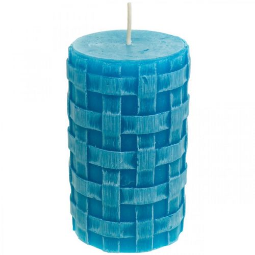 Article Bougies pilier rustique, bougies motif panier, bougies cire turquoise 110/65 2pcs