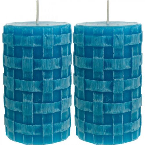 Article Bougies pilier rustique, bougies motif panier, bougies cire turquoise 110/65 2pcs