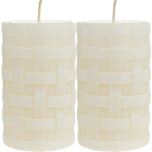 Floristik24 Bougies rustiques, bougies en cire blanche, bougies piliers motif panier 110/65 2pcs