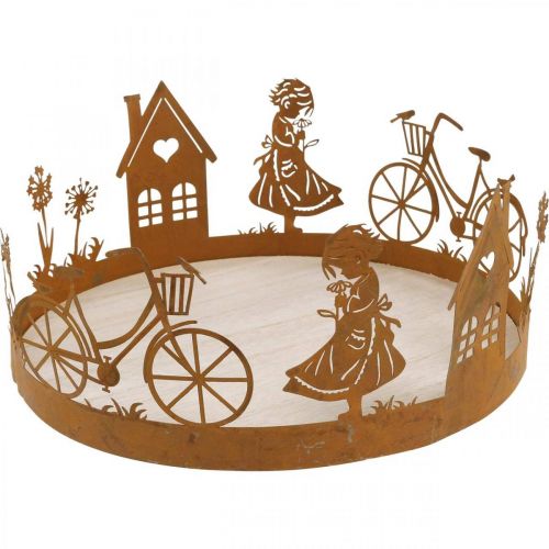 Floristik24 Plateau décoratif fille avec fleur, décoration métal patine pissenlit maison vélo Ø24cm H11cm