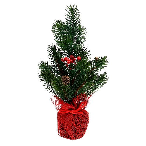 Sapin 32cm avec cônes et sac rouge